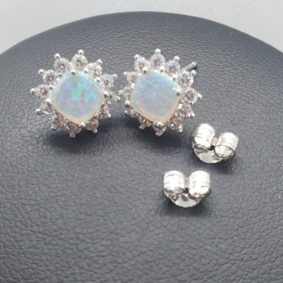 Silver 925 Rhodium Plated Opal Sun CZ Stud Earring and Necklace Set